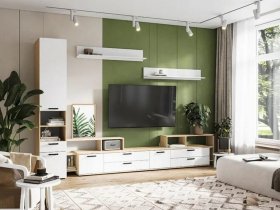 Модульная стенка Санса (дуб сонома/белый) в Нижнем Бестяхе - nizhnij-bestyah.mebel-nsk.ru | фото